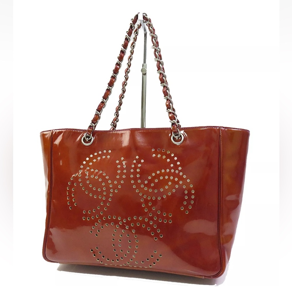 CHANEL Triple Coco Orange Patent Leather Chain Tote Bag